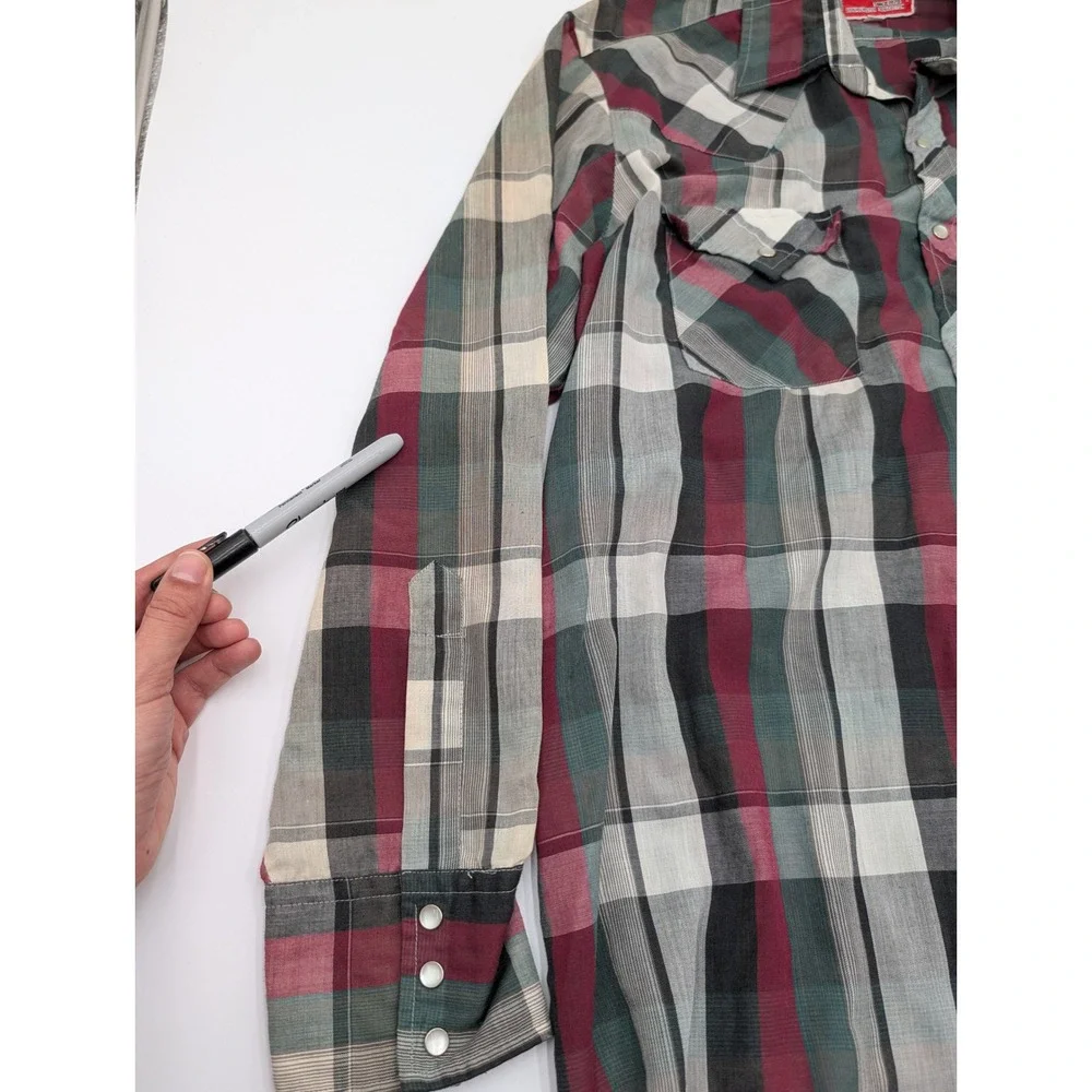 Ely Plains Vintage Western Pearl Snap Plaid Shirt Burgundy Green Mens 16.5 x‎ 34